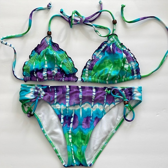 HOBIE Bikini Bottom Tie-Dye Purple, Turquoise, Green&White w/Heart Print-Sm - Picture 3 of 8